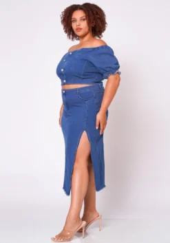 Plus Size Denim Off Shoulder Crop Top & Skirt Set -Asoph Fashion Shop 2022691 001 4