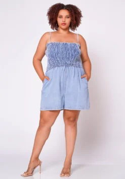 Plus Size Denim Smocked Romper