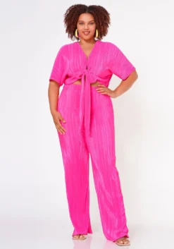 Plus Size Pleated Crop Top & Pants Set